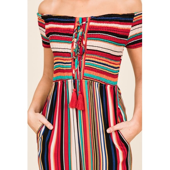 Multi Color Stripe Smock Jumpsuit Split Leg - Picture 7 of 8